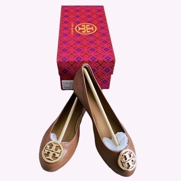 TORY BURCH Benton 2 Travel Leather Ballet Flats Royal Tan Gold Size 5.5 - Picture 4 of 8